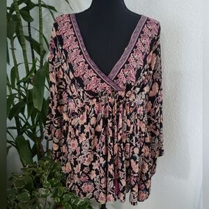 Nostalgia Boho Black and Pink Floral Blouse Size L